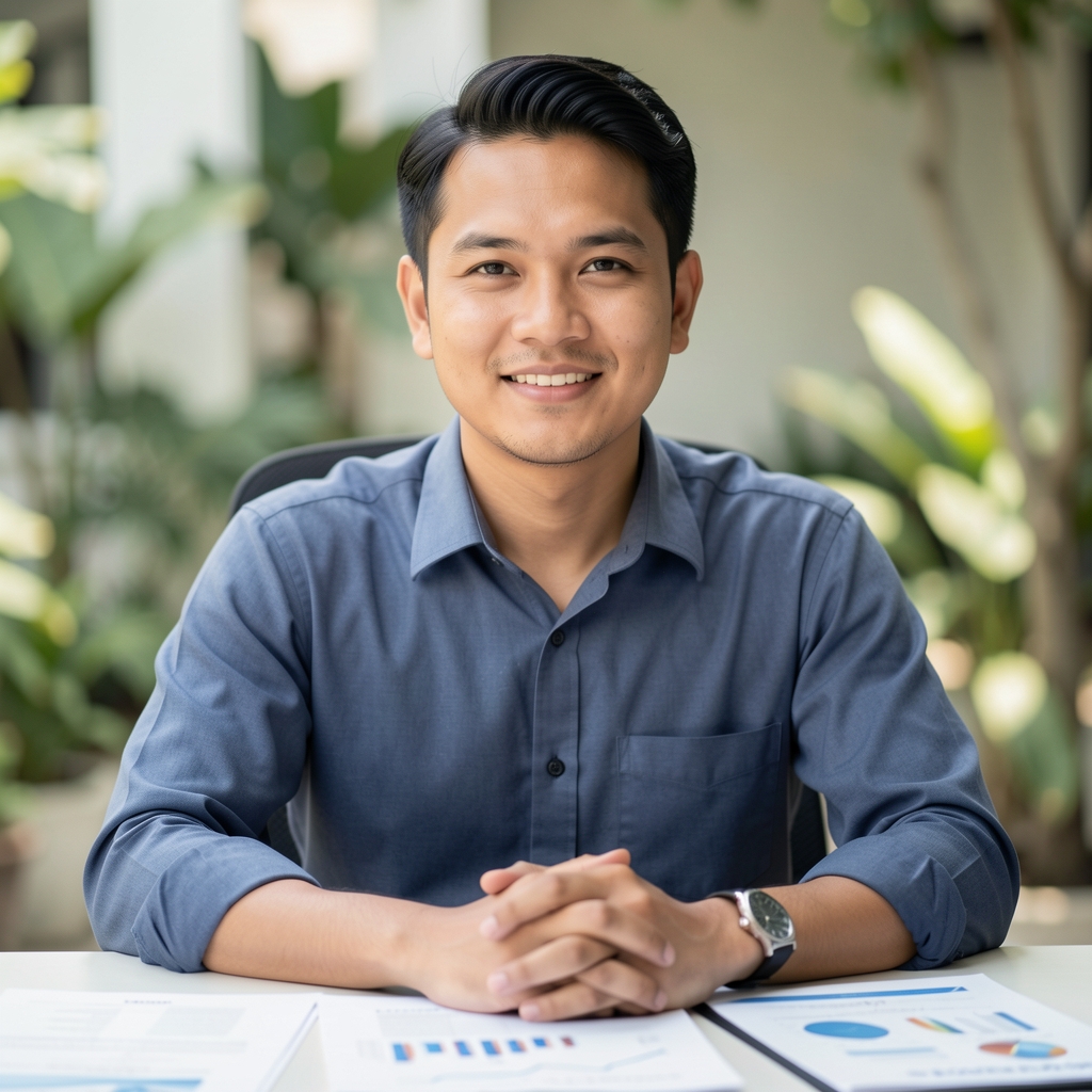 Editorial portrait of a male nutrition professional in a Jakarta studio environment, seated at a clean desk with research documents visible