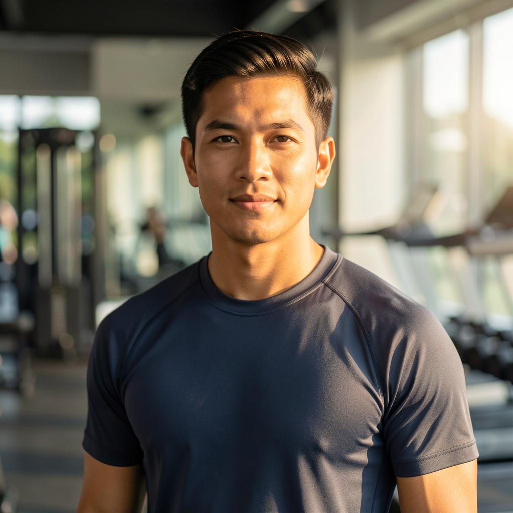 Editorial portrait of a male active lifestyle specialist standing in a sunlit Jakarta gym, wearing athletic wear with a calm, professional demeanour