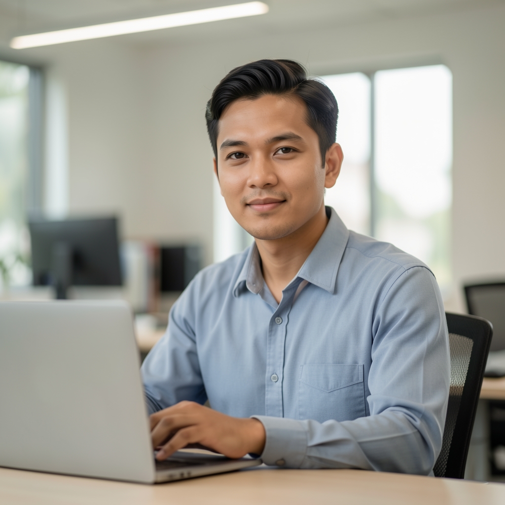 Editorial portrait of a male sleep and recovery researcher in a quiet Jakarta workspace with soft overhead lighting and a laptop on a minimal desk
