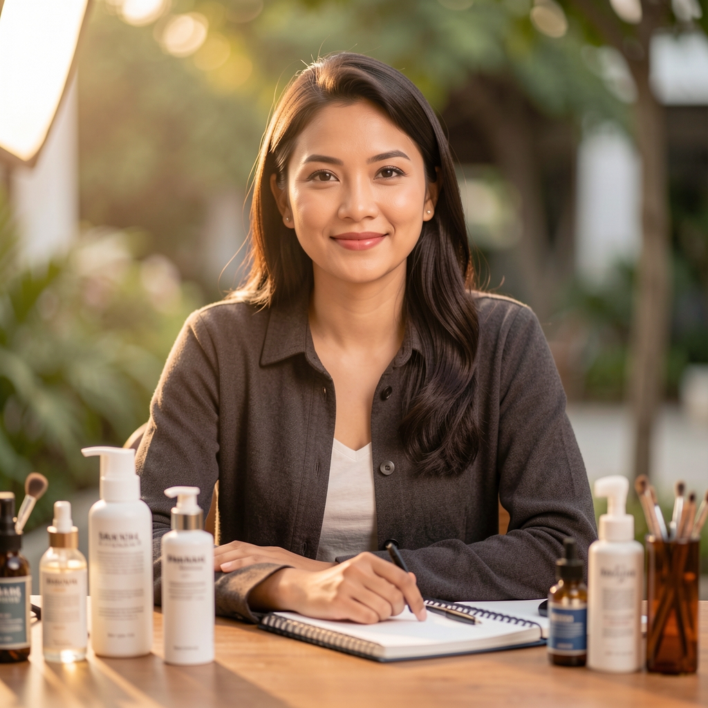 Editorial portrait of a grooming and lifestyle writer at a desk with personal care products and a notebook in a Jakarta editorial studio with warm lighting
