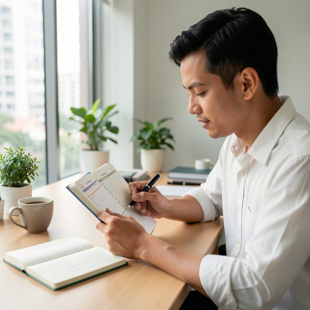Man in a well-lit Jakarta workspace reviewing a structured daily wellness journal with a coffee and notebook on a clean desk