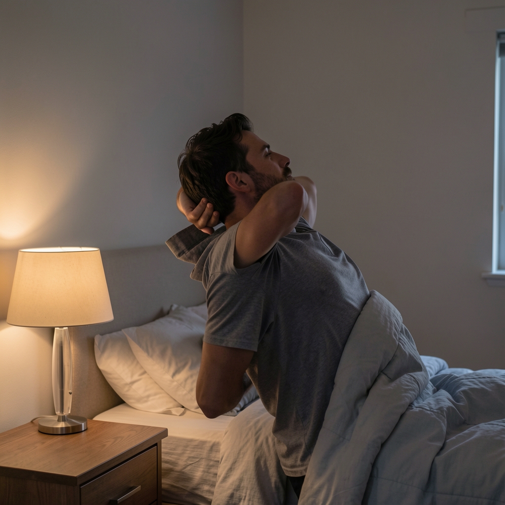 Side profile of a man stretching in a dimly lit bedroom with a bedside lamp, illustrating a structured wind-down routine before sleep