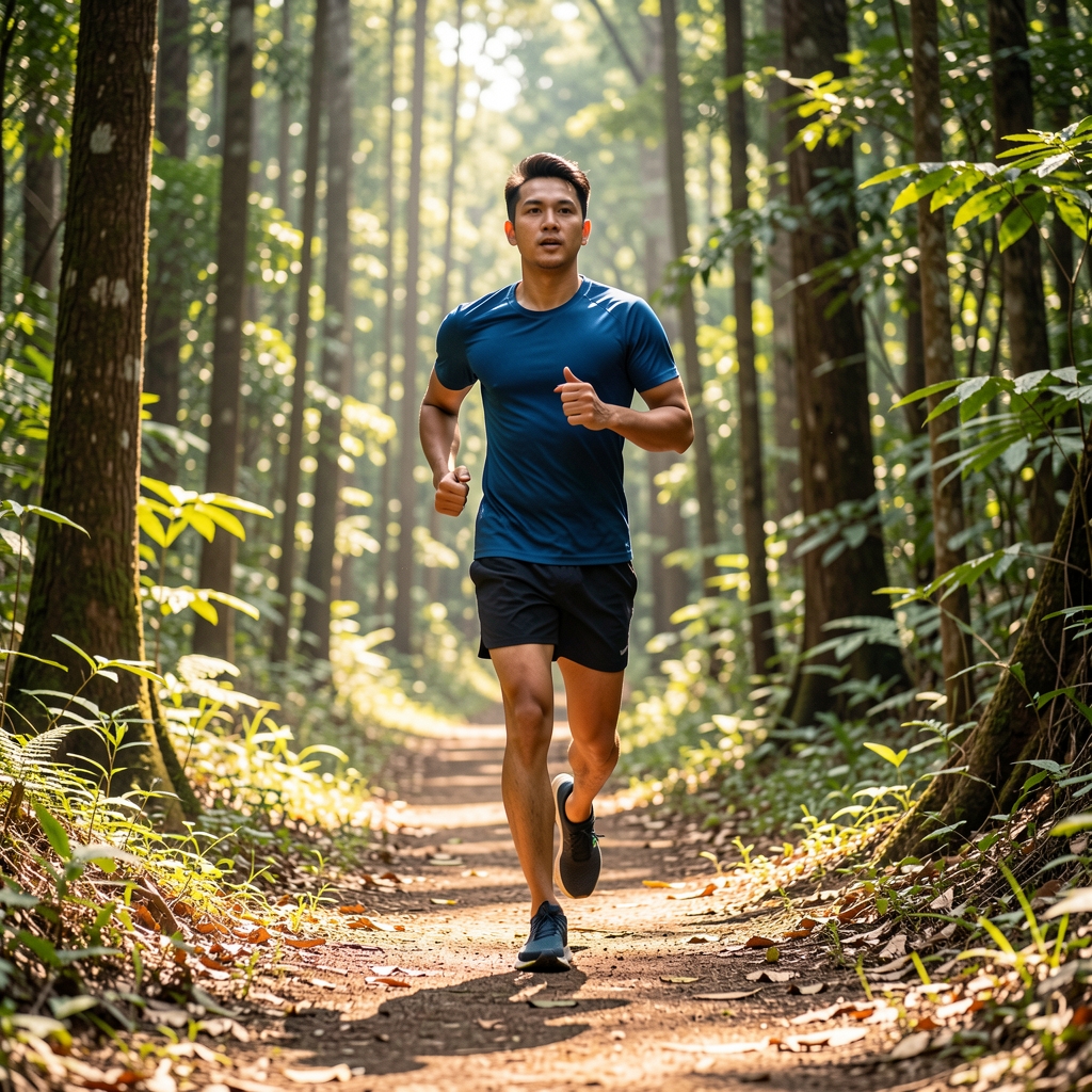 Man trail running on a forested path near Jakarta on a weekend morning, wearing minimal running gear, bright natural light filtering through trees