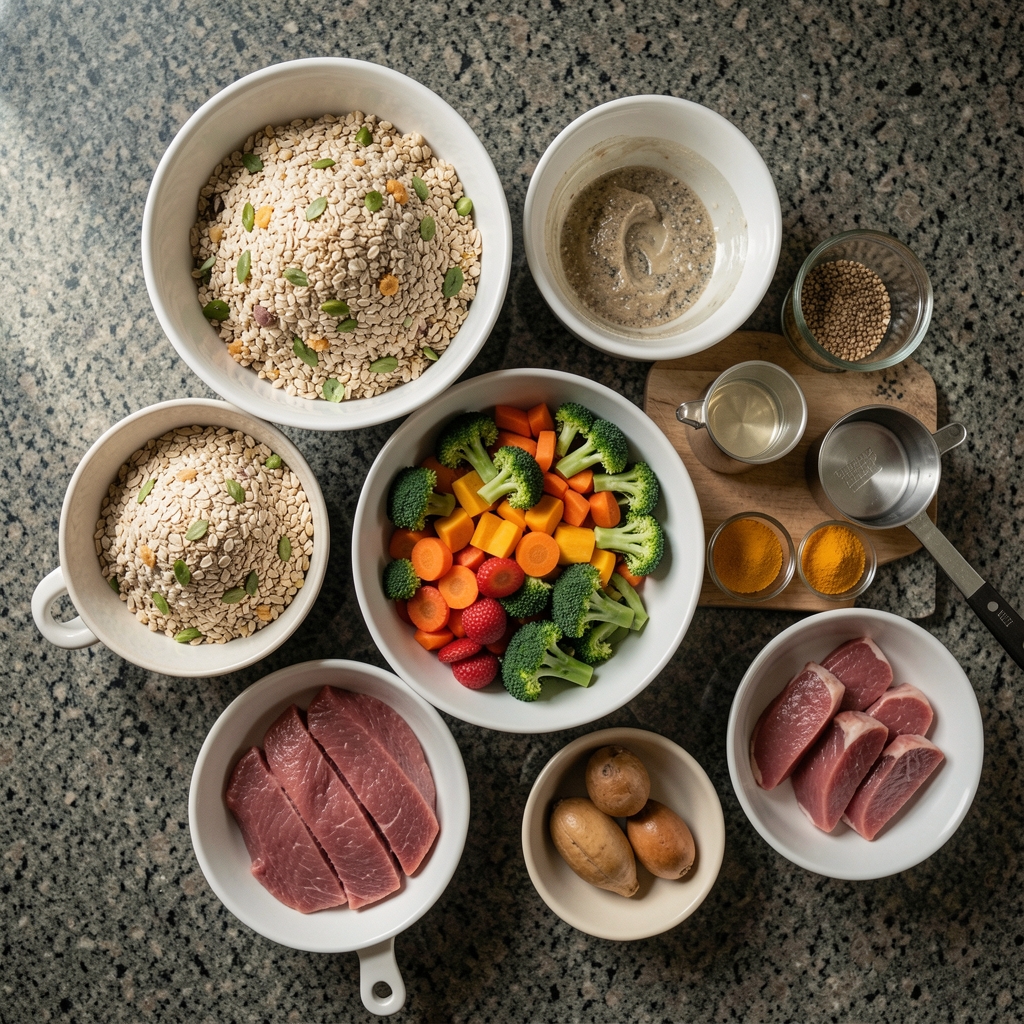 Overhead flat lay of a balanced meal preparation with whole grains, colourful vegetables, lean protein portions and measuring portions on a Jakarta kitchen counter