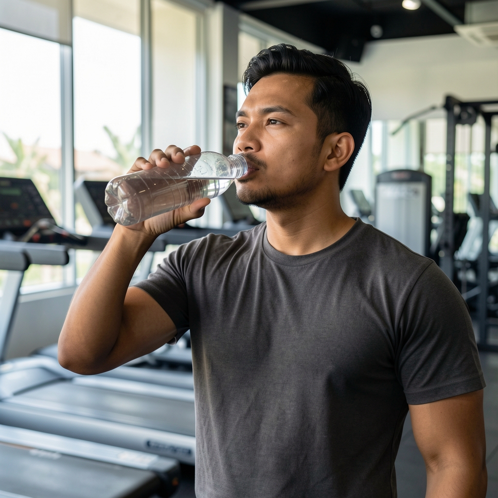 Man drinking from a clear glass water bottle at a Jakarta gym after a workout, demonstrating a structured hydration practice with natural light