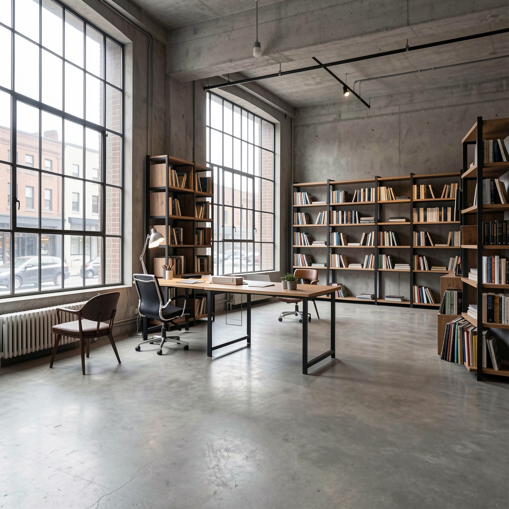 Wide angle view of the Rafon editorial studio interior in South Jakarta with concrete floors, large windows, reference bookshelves and minimal industrial furniture